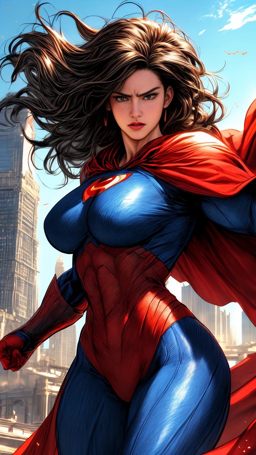 (best quality,4k,highres:1.2),ultra-detailed,realistic,portrait,superhero,comic book style, vibrant colors,strong physique,cape flowing in the wind,flying in mid-air,city skyline in the background,glimmering sunlight,heroic pose, focused gaze,dark hair,square jaw, iconic "S" logo on the chest,futuristic metropolis,buildings reaching the sky,streets filled with busy people, Incredibly detailed outfit with intricate textures,red and blue color scheme,shadows and highlights emphasizing muscularity, intense expression, epitome of strength and power,unstoppable force for justice.