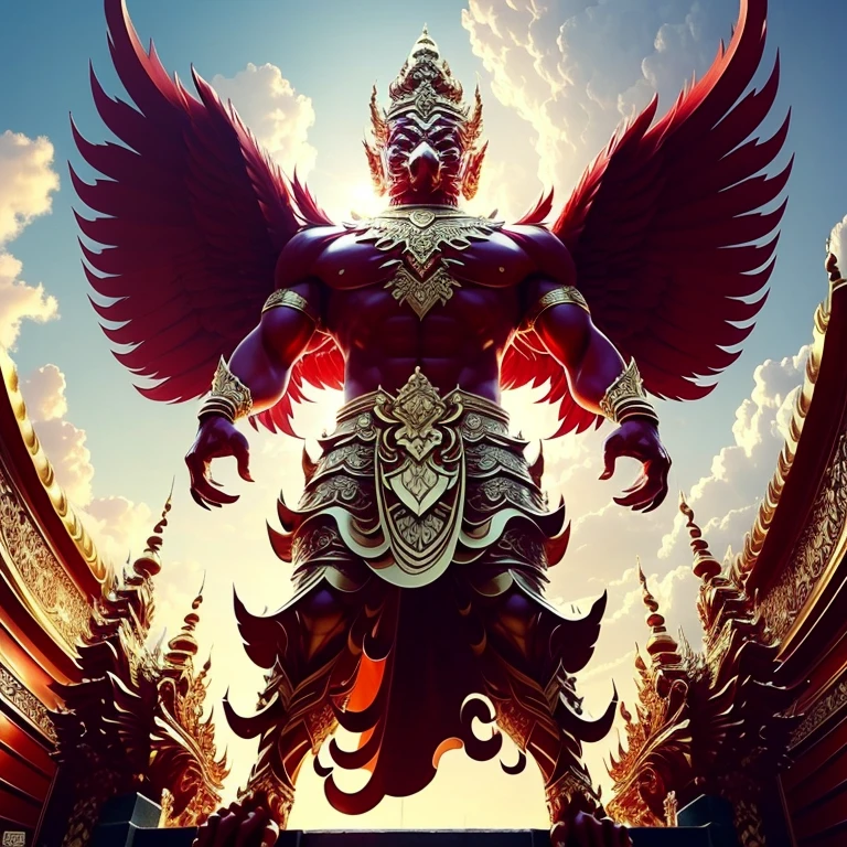 (Garuda 1) Red eyes, muscular body. Best anatomy: Red-skinned Garuda. Red-haired Garuda. Large, outstretched, red-winged Garuda. perfect wingspan Wear jewelry made from gold with Thai patterns. Gold jewelry decorated with diamonds on Garuda's head Wearing Thai cloth pants, Thai silk, red Thai pattern. Hands on hands and legs look like perfect birds. Hands, legs, feet are perfect. Stand on the ground, look straight, stand fully. The skin is the most detailed. The skin is red. The fur is the most detailed red. Red eyes, best detail The best anatomical details, details, cloth, accessories, Thai warrior armor. Best Metal Details Best Weapons Best Weapon Details (Special details Masterpiece quality Realistic Photos(Ultimate Realistic Photos 8k,16k,32k) Maximum realism and best lighting details. Best light quality, best shadows World class photography studio (Best close-up view)(The backdrop of the Thai temple castle is extinguished with gold, silver, emeralds, diamonds, perfect. The background is the sky, clouds, and fog. It feels natural and realistic.)