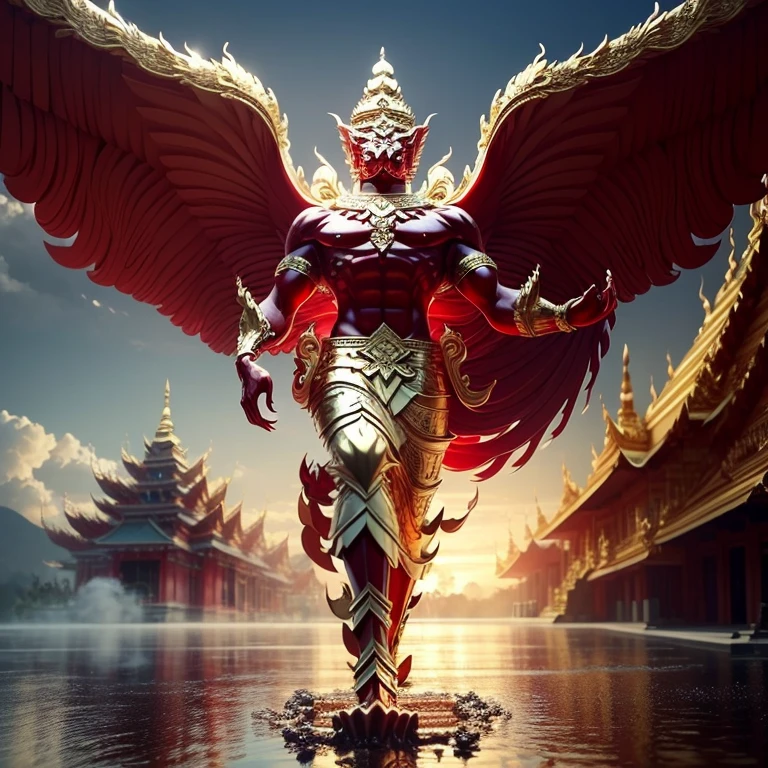 (Garuda 1) Red eyes, muscular body. Best anatomy: Red-skinned Garuda. Red-haired Garuda. Large, outstretched, red-winged Garuda. perfect wingspan Wear jewelry made from gold with Thai patterns. Gold jewelry decorated with diamonds on Garuda's head Wearing Thai cloth pants, Thai silk, red Thai pattern. Hands on hands and legs look like perfect birds. Hands, legs, feet are perfect. Stand on the ground, look straight, stand fully. The skin is the most detailed. The skin is red. The fur is the most detailed red. Red eyes, best detail The best anatomical details, details, cloth, accessories, Thai warrior armor. Best Metal Details Best Weapons Best Weapon Details (Special details Masterpiece quality Realistic Photos(Ultimate Realistic Photos 8k,16k,32k) Maximum realism and best lighting details. Best light quality, best shadows World class photography studio (Best close-up view)(The backdrop of the Thai temple castle is extinguished with gold, silver, emeralds, diamonds, perfect. The background is the sky, clouds, and fog. It feels natural and realistic.)