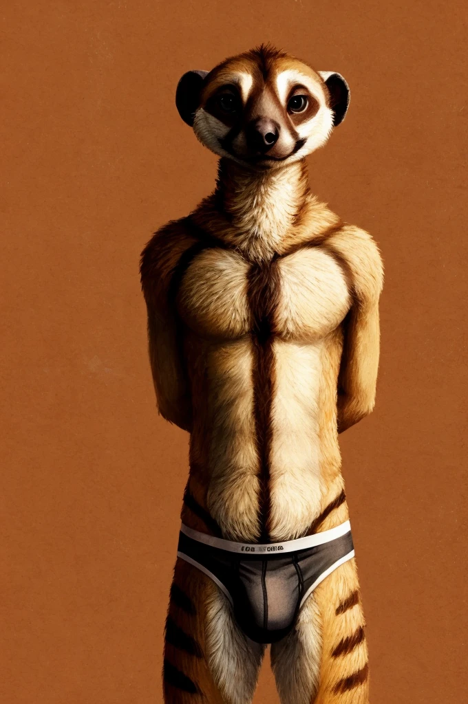 solo, furry, anthro, meerkat, male, e621, standing, hands behind back, wearing minimalistic underwear, simple background, front view, best quality, ultra-detailed, realistic, artistic style, warm color tones, soft lighting