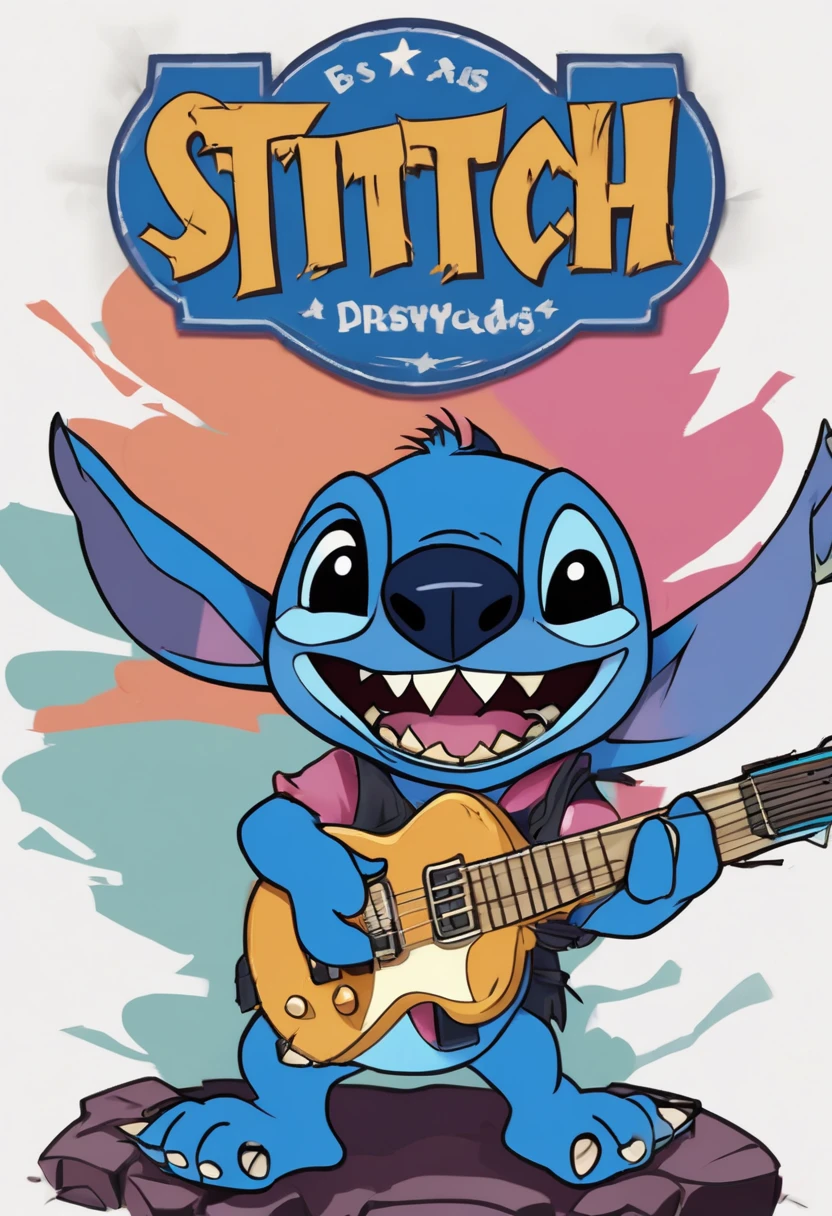 Disney animation style Disney (Stitch:1.3) as lemmy from Motörhead, playing guitar on a rock concert, Motörhead_cover, record cover, ,,. Bright colors, fluid motion, charming characters, wholesome storytelling, hand-drawn animation