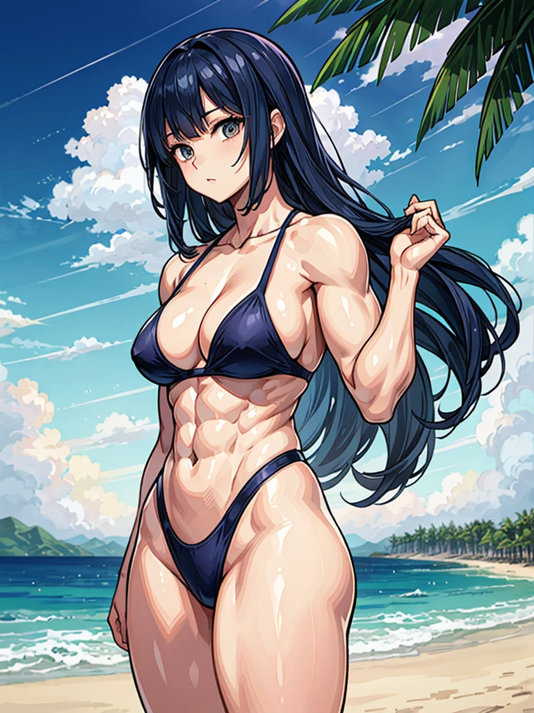 （（（masterpiece、Highest image quality、highest quality、highly detailed unity 8ｋwallpaper）））、（（Illustration of one girl））、（（（beautiful girl）））、（（blue hair、pixie cut：1.2、sidelocks））、（（（tall、stocky build, thickset physique：1.3, muscular legs, broad shoulders, solid chest, flat chest）））、swimsuit、sandy beach