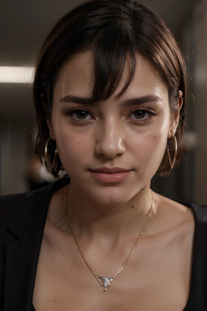 (short hair woman), (she wear a suit),she is walking in a office, best quality, masterpiece, illustration, very delicate and beautiful, very detailed skin, CG, Unity, 8K wallpapers, amazing, fine detail, highly detailed CG Unity 8K wallpapers, huge file size, high resolution, handsome detailed woman, very detailed eyes and face, Stunning detailed eyes, light on the face, (Best illustration: 1.1), (best shadow: 1.1), ultra high resolution, (photorealistic: 1.1), (photorealistic 1.2:1.1), realistic face proportions,slim,smile,(fluffy black eyes: 1.21), black eyes, looking at the viewer, dark brown hair, earrings, necklaces, hairpins, full body shots, (irregular skin imperfections,veins,moles,skin wrinkles,pores: 1.2), (dark night background: 1.2), (bokeh: 1.4)