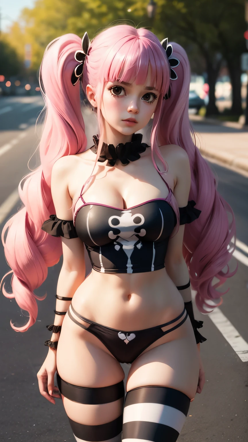 extremely detailed CG unity 8k wallpaper, best quality, ultra-detailed, masterpiece, realistic, photo realistic, blush, parted lips, looking at viewer , full body shot , (Perona One Piece), ping long hair, blushing, beautiful face, embarrassed face, contrappasto, head tilt, cute face, goth outfit, twintails, outdoor, sakura blossom, stripe legging,