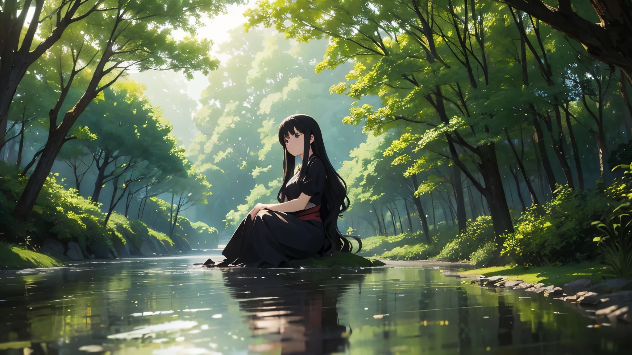 anime illustration、High resolution、Beautiful woman sitting in a puddle、、black long perm hair、deep-forest、Ghibli style、movie scene