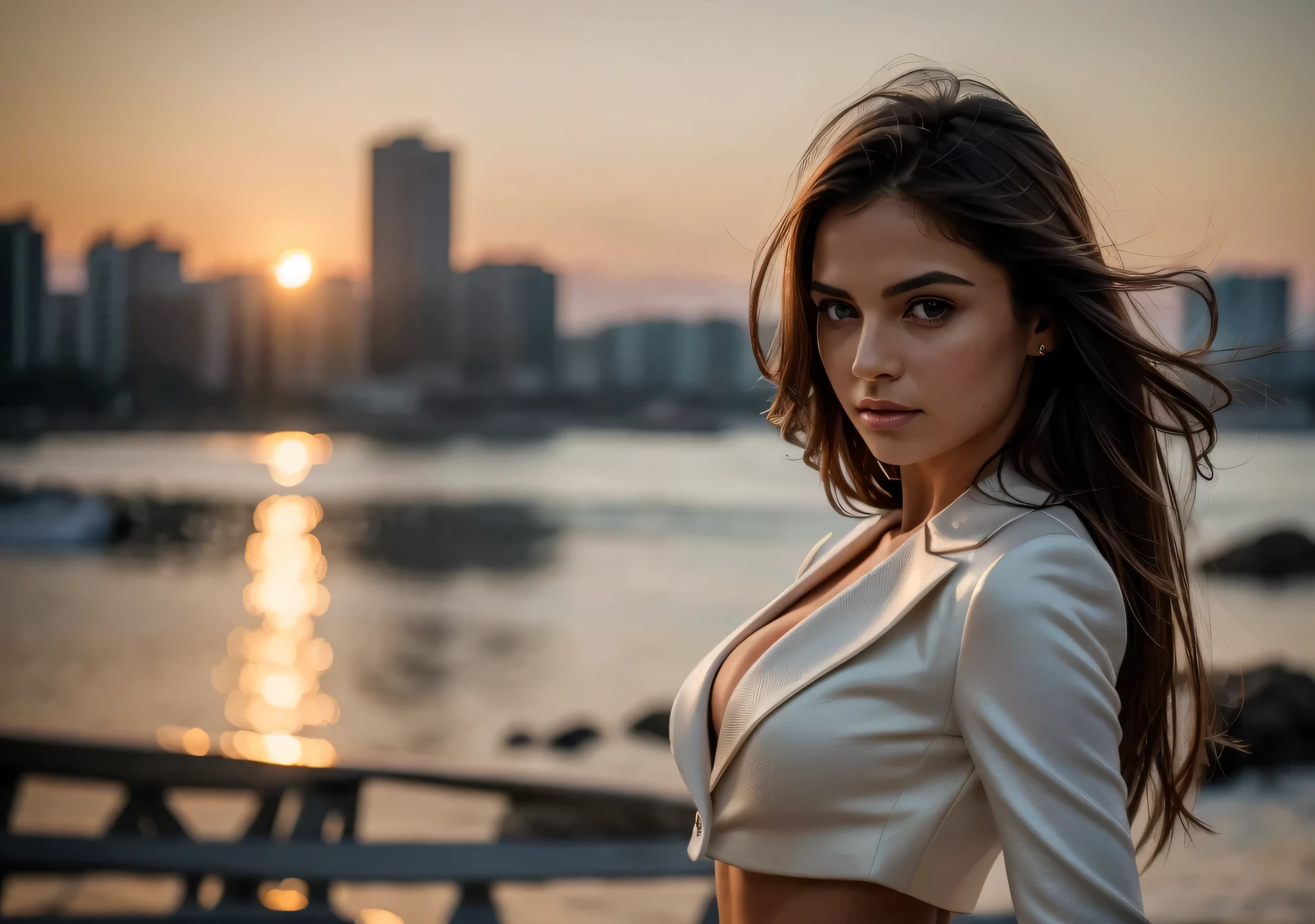 RAW portrait photo of 1 brunette woman with long hair, wearing blazer and pencil skirt, sunset, people in back, people in background out of focus, imagem de perfil, russian supermodel, medium firm breasts, soio, revela seu corpo, transparente, altamente detalhado, skin imperfections:1.1), detalhada, specular illumination, DSLR, ultra qualidade, foco nítido, grain of film, Sharp features, soft natural lighting, magic photography, natural lightting, Foto realism, ultra-detalhado, 8k, melhor qualidade, Ultra Alto Nadaolução, (fotorrealista: 1.4), alta resolução, detalhada, foto crua, sharp re, (8k, 4k, melhor qualidade, alto, Ultra alto nada:1.1), (obra-prima, realista, realista:1.1), Estilo Raw 50