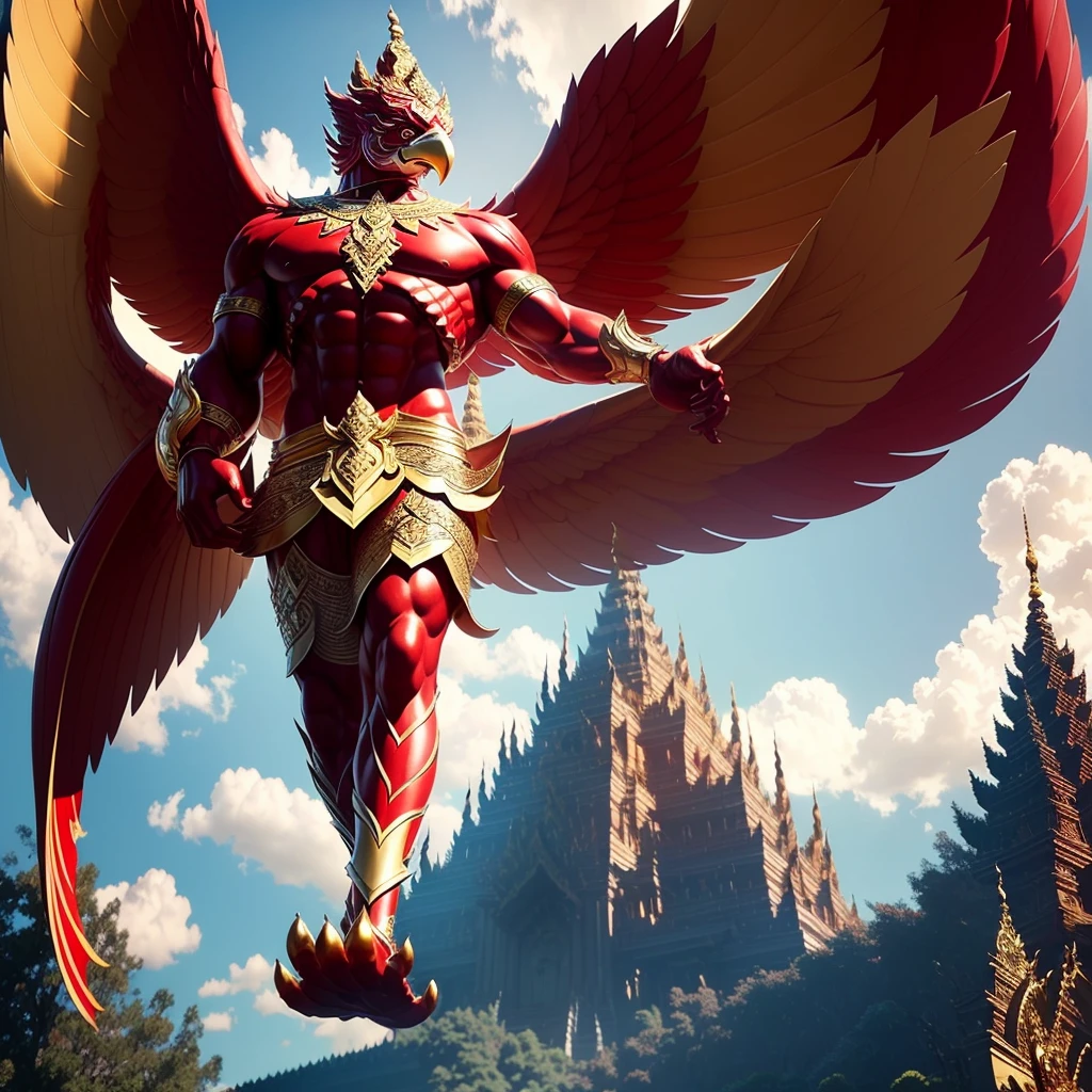 (Garuda 1) Red eyes, muscular body. Best anatomy: Red-skinned Garuda. Red-haired Garuda. Large, outstretched, red-winged Garuda. perfect wingspan Wear jewelry made from gold with Thai patterns. Gold jewelry decorated with diamonds on Garuda's head Wearing Thai cloth pants, Thai silk, red Thai pattern. Hands on hands and legs look like perfect birds. Hands, legs, feet are perfect. Stand on the ground, look straight, stand fully. The skin is the most detailed. The skin is red. The fur is the most detailed red. Red eyes, best detail The best anatomical details, details, cloth, accessories, Thai warrior armor. Best Metal Details Best Weapons Best Weapon Details (Special details Masterpiece quality Realistic Photos(Ultimate Realistic Photos 8k,16k,32k) Maximum realism and best lighting details. Best light quality, best shadows World class photography studio (Best close-up view)(The backdrop of the Thai temple castle is extinguished with gold, silver, emeralds, diamonds, perfect. The background is the sky, clouds, and fog. It feels natural and realistic.)