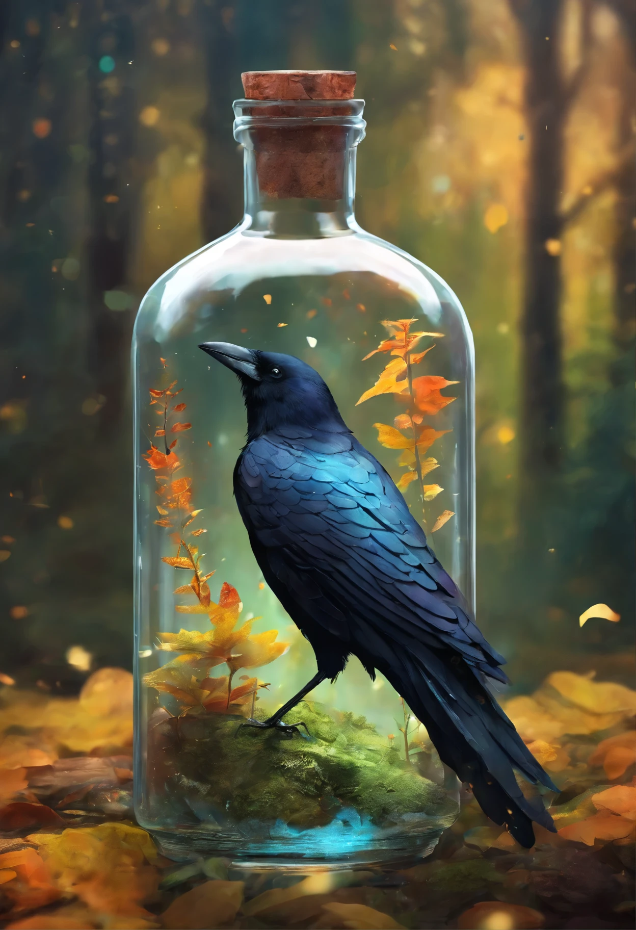 Vision,A crow,There is a glass bottle next to it,forest,Small pebbles,long neck glass bottle