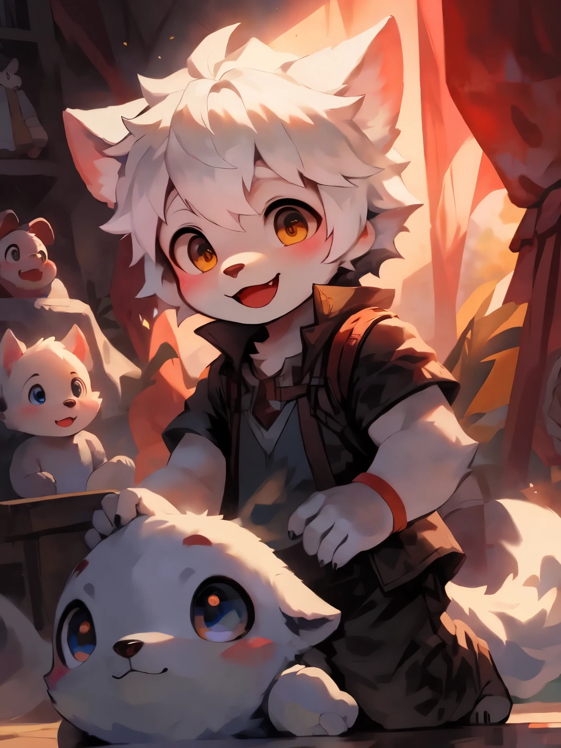 Wolf,white hair ,male,Q version,(toddler,baby), Lovely, stand up, Master masterpieces, high resolution,8k,Detailed background,high quality,horny boy,(Warm light source:1.2),upper sky,on cloud,a happy expression,shorter pants,wing