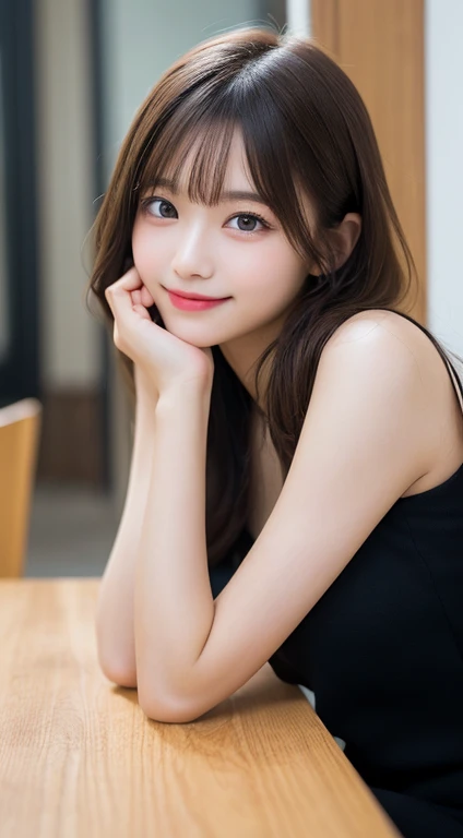 table top, highest quality, figure, super detailed, finely, High resolution, 8k wallpaper, 完璧なダイナミックな構figure, beautiful and fine eyes,Receiving by hand, Neat black long-sleeved dress,straight hair,small breasts natural color lip,smile,Harajuku、20 year old girl、cute、sexy shot looking at camera,perfect and beautiful face,blur the background,perfect and beautiful face