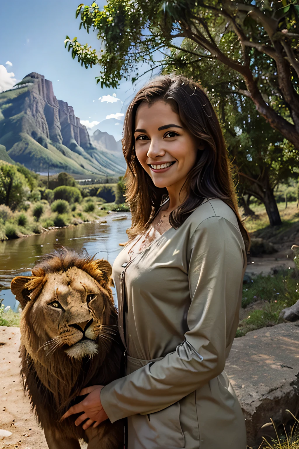 draw a jehovah's testigo mujer sonriendo, with a lion and many animals in the distance, con aves en el cielo, with a landscape background with a mountain and a river all within a paradise