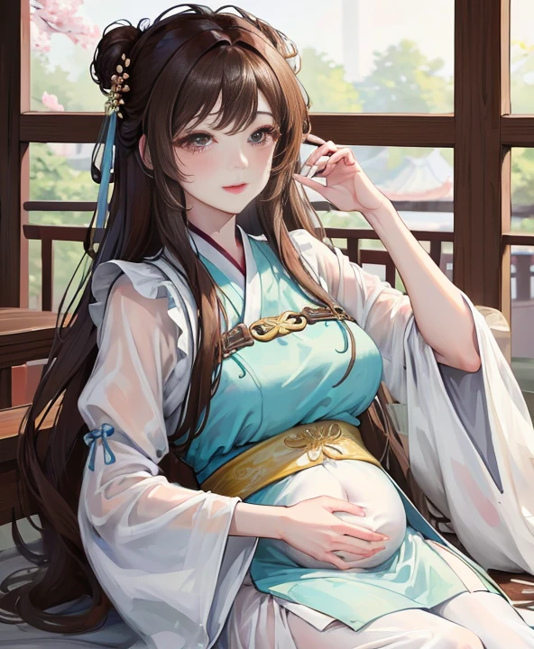 masterpiece, best quality,Five months pregnant, aldult, Chinese style, China, elder sister, Smile, brown hair, princess cut, Full of motherhood,China传统服饰,Pure affection,blush,Dignified yet lively,Mother,Place your hands on your stomach,Full of motherhood,Sexy,charming,Graceful and graceful,A thousand flavors,charming,With a royal air,long hair,With hairpins,Long Hanfu,beautiful,beautiful,The hand caressed the belly,charming的,眼神Lovely,Lovely,white pantyhose