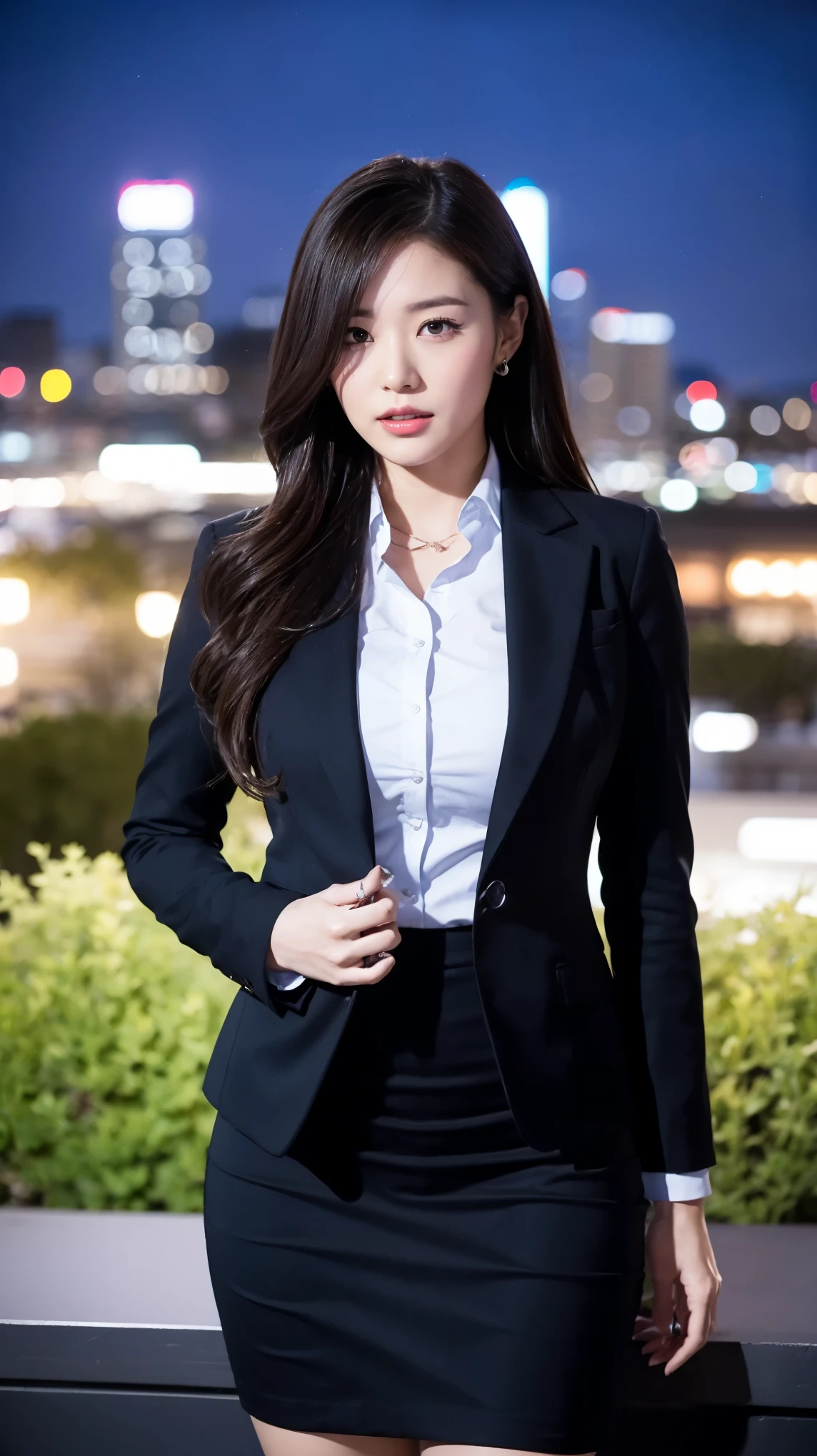 (masutepiece,High quality,16k:1.1),(depth of fields:1.3) ,((front body:1.35)),Japanese ,mature Woman, ((business suit, pencil skirt)), huge breasts, voluptuous, thicc, curvy,(Looking at Viewer:1.3),(full body shot:1.2),(snowing:1.2),(Beautiful night view of town:1.2),