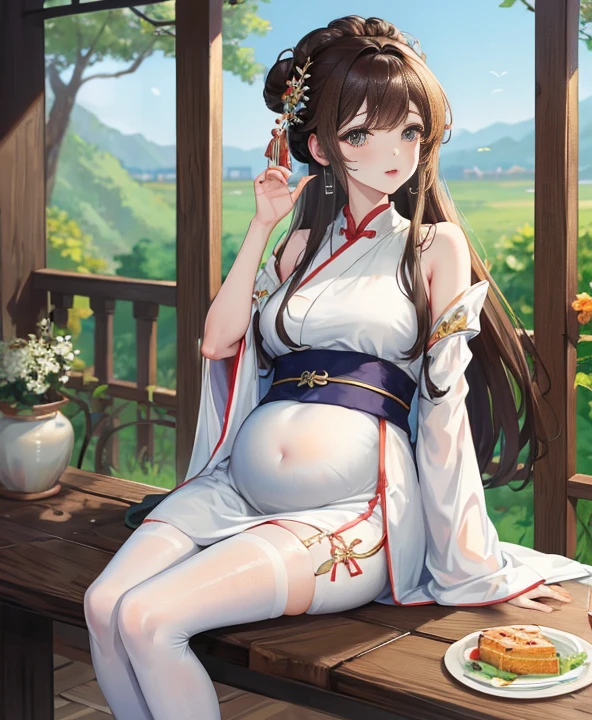 masterpiece, best quality，Five months pregnant， aldult, Chinese style, China, elder sister,  Smile, brown hair, princess cut, Full of motherhood，China传统服饰，Pure affection，blush，Dignified yet lively，Mother，Place your hands on your stomach，Full of motherhood，Sexy，charming，Graceful and graceful，A thousand flavors，charming，With a royal air，long hair，With hairpins，Long Hanfu，beautiful，beautiful，The hand caressed the belly，charming的，眼神Lovely，Lovely，white pantyhose