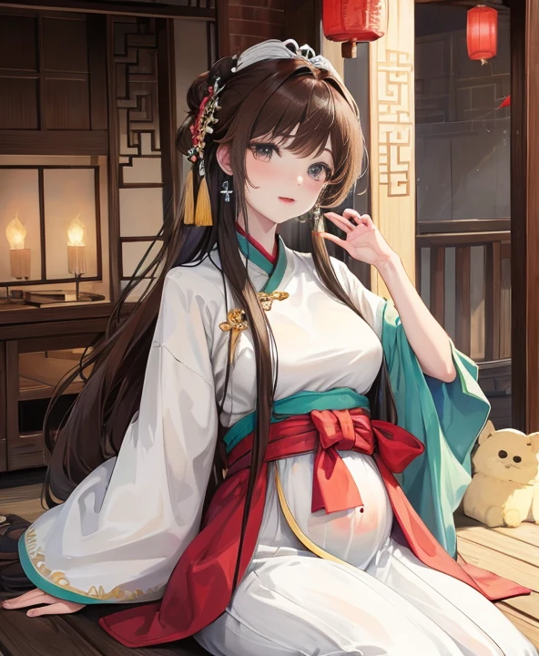 masterpiece, best quality,Five months pregnant, aldult, Chinese style, China, elder sister, Smile, brown hair, princess cut, Full of motherhood,China传统服饰,Pure affection,blush,Dignified yet lively,Mother,Place your hands on your stomach,Full of motherhood,Sexy,charming,Graceful and graceful,A thousand flavors,charming,With a royal air,long hair,With hairpins,Long Hanfu,beautiful,beautiful,The hand caressed the belly,charming的,眼神Lovely,Lovely,white pantyhose