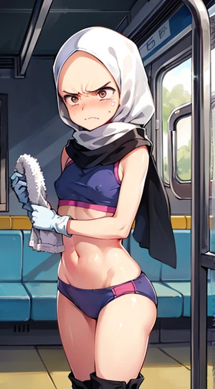 Photo of a asian female cleaning service with flat chest (((cleaning floor))) inside public train, 20 yo, petite, slender body, tall body, fair skin, dimples, light, detailed face, embarrassed face, ((looking disgusted)), ((very angry)), (dissapointed), Perfect breasts, tiny breasts, flat breast, small breast, natural breasts, Inverted nipples, A cup, (((hijab))), (((sport bra, cotton panties))), (((cleaning gloves))), (((worker boots)))