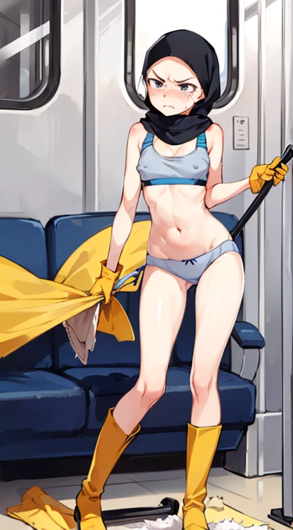 Photo of a asian female cleaning service with flat chest (((cleaning floor))) inside public train, 20 yo, petite, slender body, tall body, fair skin, dimples, light, detailed face, embarrassed face, ((looking disgusted)), ((very angry)), (dissapointed), Perfect breasts, tiny breasts, flat breast, small breast, natural breasts, Inverted nipples, A cup, (((hijab))), (((sport bra, cotton panties))), (((cleaning gloves))), (((worker boots)))