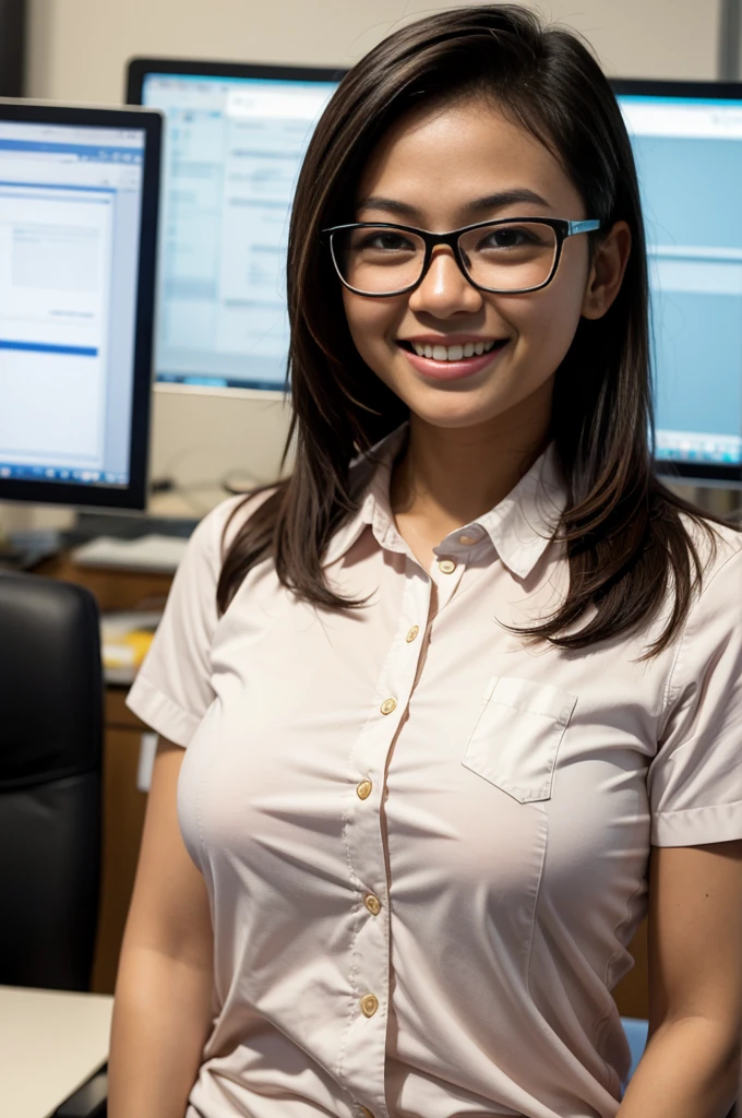 malay girl, small breast, office background, glasses, smiling