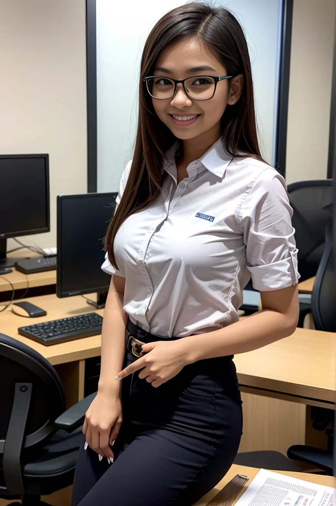 malay girl, small breast, office background, glasses, smiling