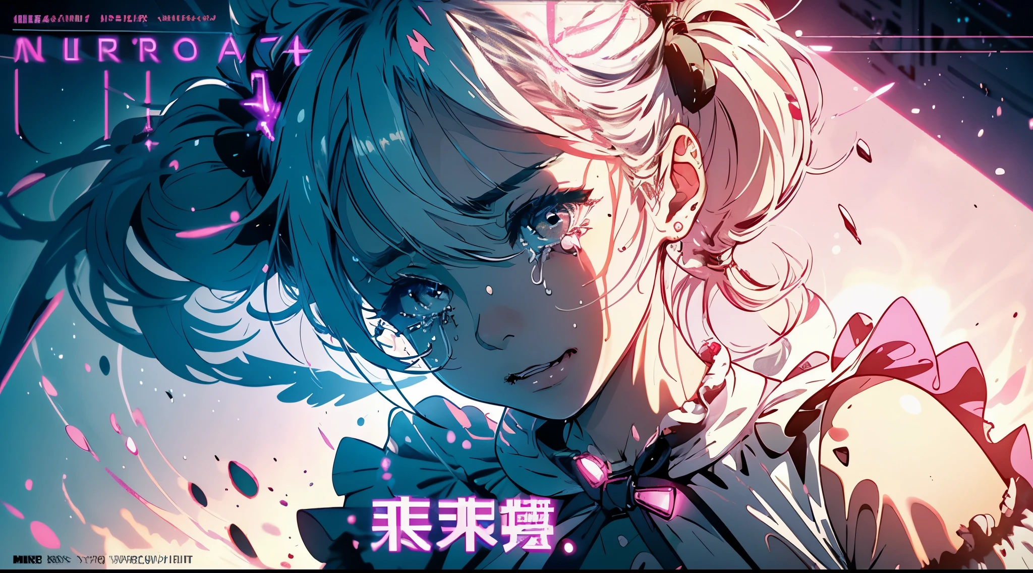 hair bobbles, wince, long eyelashes, solid circle eyes, light smile, ear blush, fang, (white hair), makeup, blush, sad, sad smile, drop shadow, anaglyph, atmospheric perspective, 8k, super detail, accurate, best quality, (cyberpunk), cinematic lighting, masterpiece,1girll, ((((short twintails)))), Colorful hair, flying, pink bows,((16-year-old female model)), (angel halo), ((( wings ))), (magazine cover), ((((text)))), (cover), bold, attention-grabbing, ((title)), stylish, (((font))), panorama, eye level shot, tile from below, title from side, title in middle, ((((magazine cover layout)))), (((lolita dress))), (((wide shot))), (((( color splash ))))