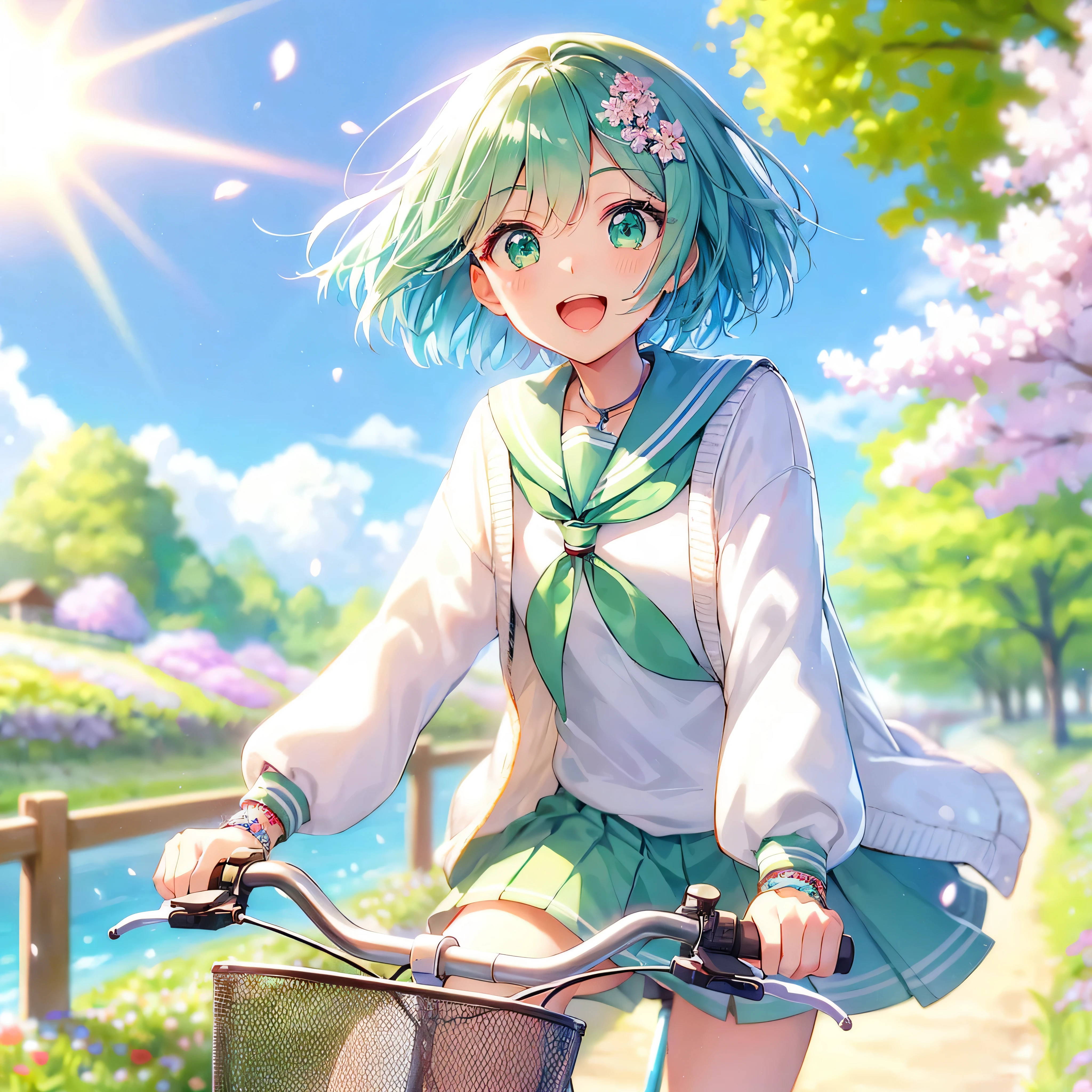 Mizuha&#39;s high quality 2D anime illustrations, A -yeld giwith bright mint green short hair styled slightly upwards in the front., and bright green eyes, riding a bike in the spring sunshine. This scene captures the essence of a beautiful spring day, Mizuha enjoying a leisurely cycling trip. She wears casual clothes in her favorite colors of mint green and white, Perfect for outdoor activities. She looks happy and relaxed, Embodying her love for outdoor adventure. A beautiful spring landscape is depicted in the background., With blooming flowers, green, and clear blue sky, enhance the cheerful atmosphere.