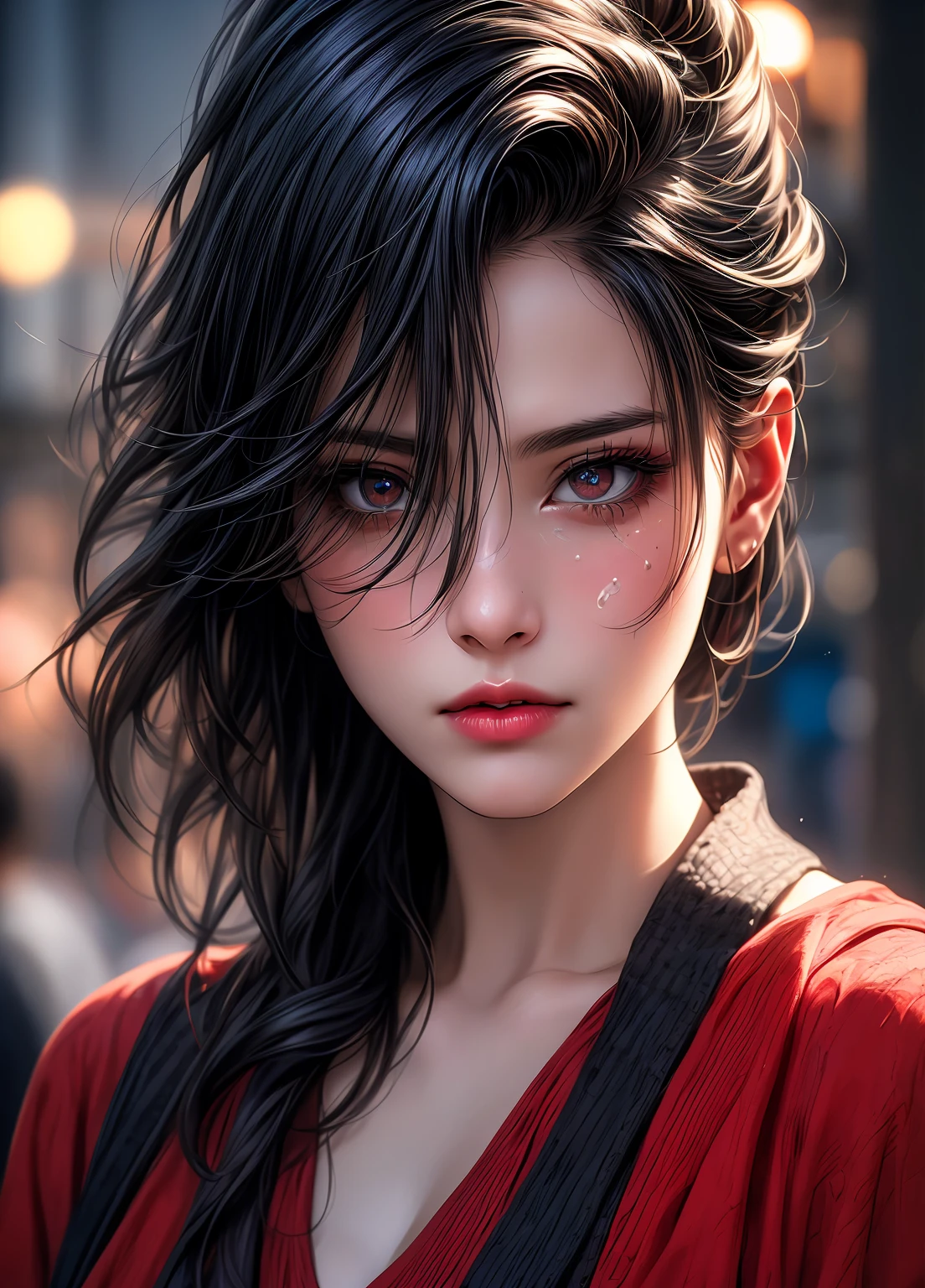 (masterpiece), 1girl, solo, best quality, expressive eyes, perfect face, upper body, beautiful face, mature woman, focused, beautiful eyes, red eyes, long hair, black hair, high ponytail, red ribbon, blue kimono, bare shoulders, cleavage, front view, close up, pink lipstick, crystal necklace, pink blush, facing viewer, grown up woman , mature face, Japanese castle