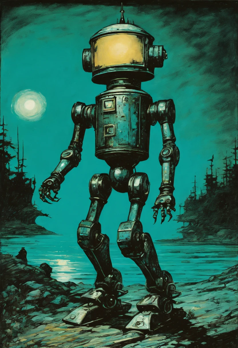 the darkest and longest night of the year. Full length view. Little funny robot, porcelain face, walks into the distance, looking over his shoulder, big turquoise eyes, perfect eyes, top quality style by Ralph Blakelock, Ed Emshwiller, Marianne Wroten, Arthur Rackham, Niko Anttila,