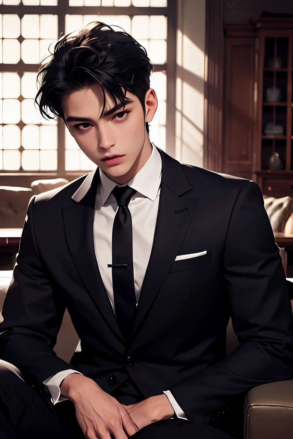 masterpiece,best quality,Ultra-detailed,1boy,individual,black hair,Modern furniture,Suit,black eyes,Handsome,Detailed face,sit,