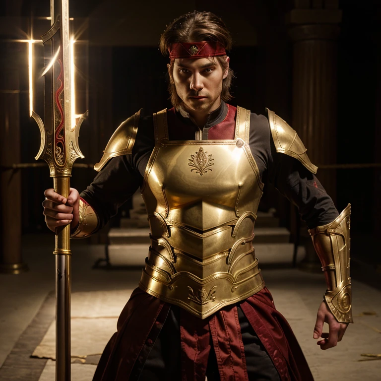 white warrior Wear a gold headband Male wearing red armor with golden lines, holding a large dark red sword. Take a fighting stance High resolution pictures Background is golden light