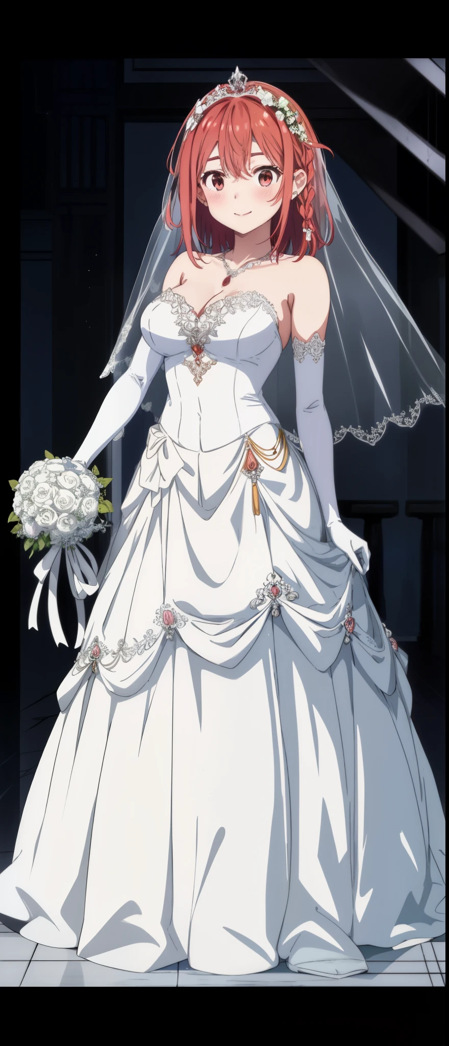 two-dimensional, masterpiece, best quality, Japanese cartoons, Very detailed, 1 girl, alone,  Single braid, side braid,sumi, blush, Smile, Close-up of beautiful bride in bridal dress,Gurwitz，Blushing face，Head flower，headgear，（tube top wedding dress：1.5），（silk dress：1.2）,（strapless wedding dress：1.5）,pure white dress，necklace，earrings,(large breasts:1.3)，Neck ornaments，Deep V peach heart collar wedding dress，Bangs，Bouquet，lipstick，（White long elbow gloves：1.3），(Bridal veil:1.2），（Transparent short veil：1.2），Bust photo,High detail RAW color art,Tyndall phenomenon,front，Half body