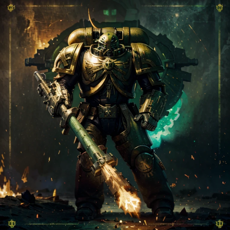 Warhammer 40k, warhammer, space marines, realistic, green armor, salamander 40k, large hammer crackling with electricity, golden pauldron, flaming pistol,