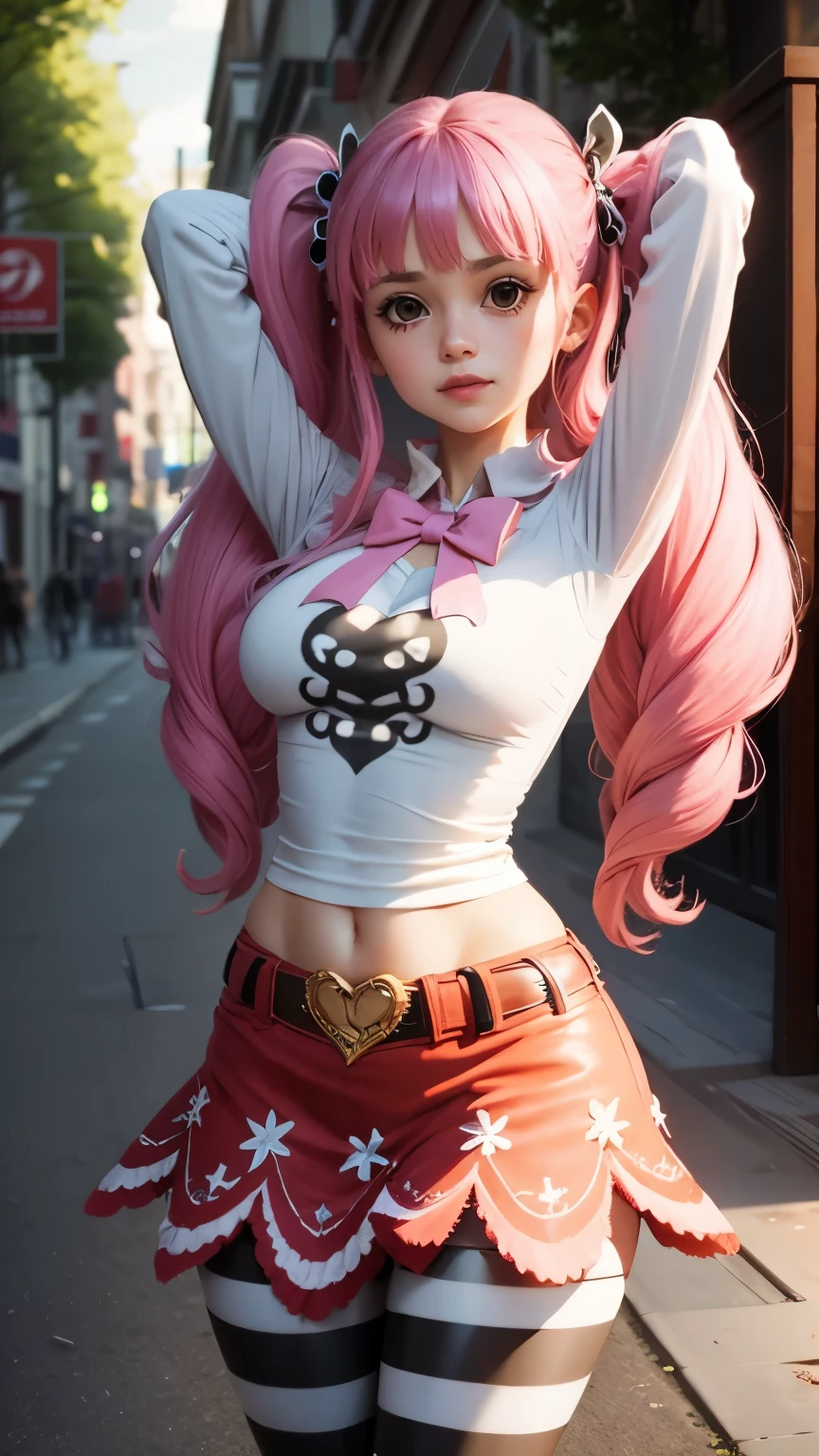 extremely detailed CG unity 8k wallpaper, best quality, ultra-detailed, masterpiece, realistic, photo realistic, blush, parted lips, looking at viewer , half body shot , (Perona One Piece), ping long hair, blushing, beautiful face, embarrassed face, standing, arms behind head, cute face, goth outfit, twintails, outdoor, sakura blossom, stripe legging, skirt, smile at viewer,