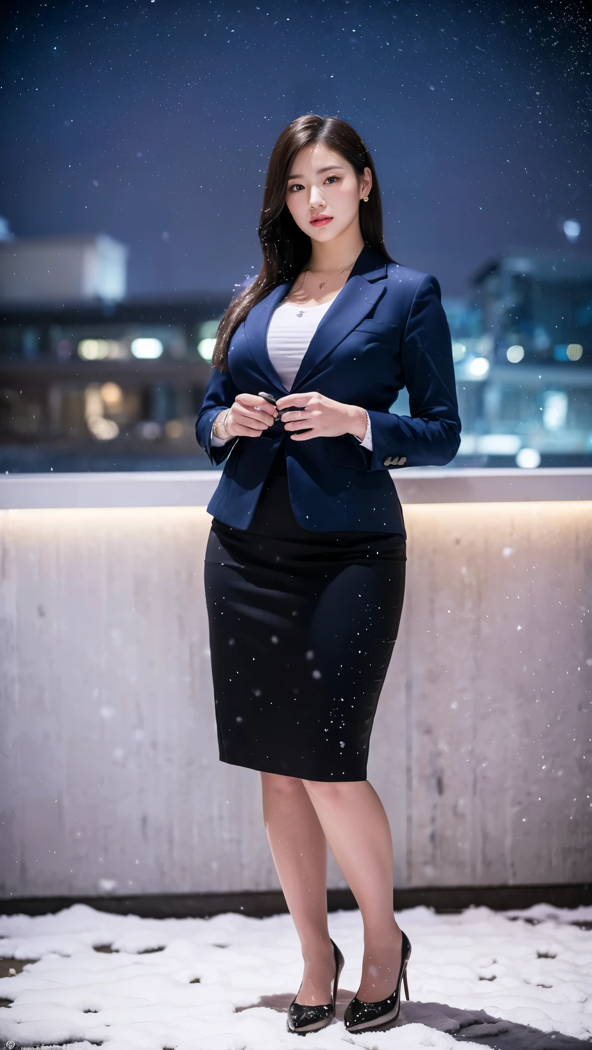 (masutepiece,High quality,16k:1.1),(depth of fields:1.3) ,((front body:1.35)),Japanese ,mature Woman, ((business suit, pencil skirt)), huge breasts, voluptuous, thicc, curvy,(Looking at Viewer:1.3),(full body shot:1.2),(snowing:1.2),(Beautiful night view of town:1.2),
