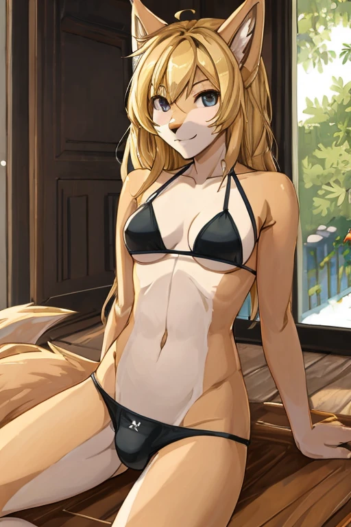 fox, anthropomorphic, big boobs, big ass, pokemorph, (((1girl))), (((black bikini top))), (black bikini bottoms), full body, cute and sexy, blonde fur, long legs