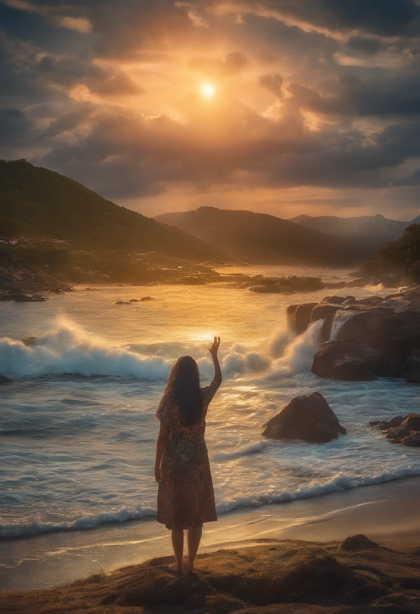 The image depicts a beautiful sunset in orange and gold hues on the horizon; No centro da imagem, there's a person standing, With your arms outstretched and your face turned upwards; The person is surrounded by a bright and transparent aura, representing a sense of peace and liberation; Ao redor da pessoa, Small glowing particles are dispersing, symbolizing the pain that's being left behind; No fundo, there is a serene landscape, com colinas verdes e uma cachoeira reluzente, conveying a sense of renewal and hope; This image conveys the idea of overcoming pain and the search for a happier and fuller life.