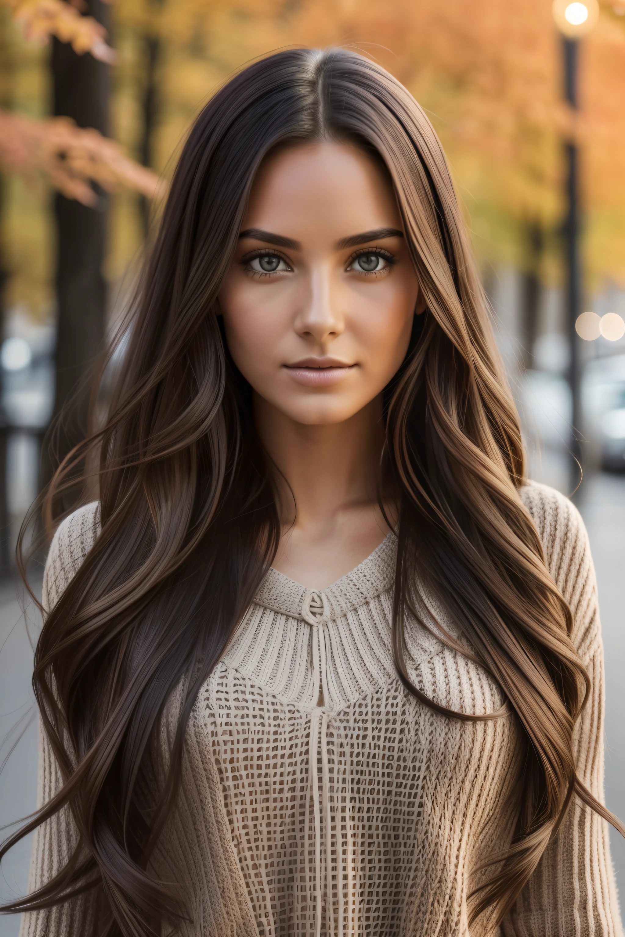 Photograph of a beautiful girl, wear an autumn sweater, long hair on one side, buste lourd 36DD, Look into the camera, eyes symmetrical, symmetrical face, photoreallistic, photographie, Path layout, specular lighting, Volumetric facial light, Hair path, Ombres visibles, complexe, elaborate