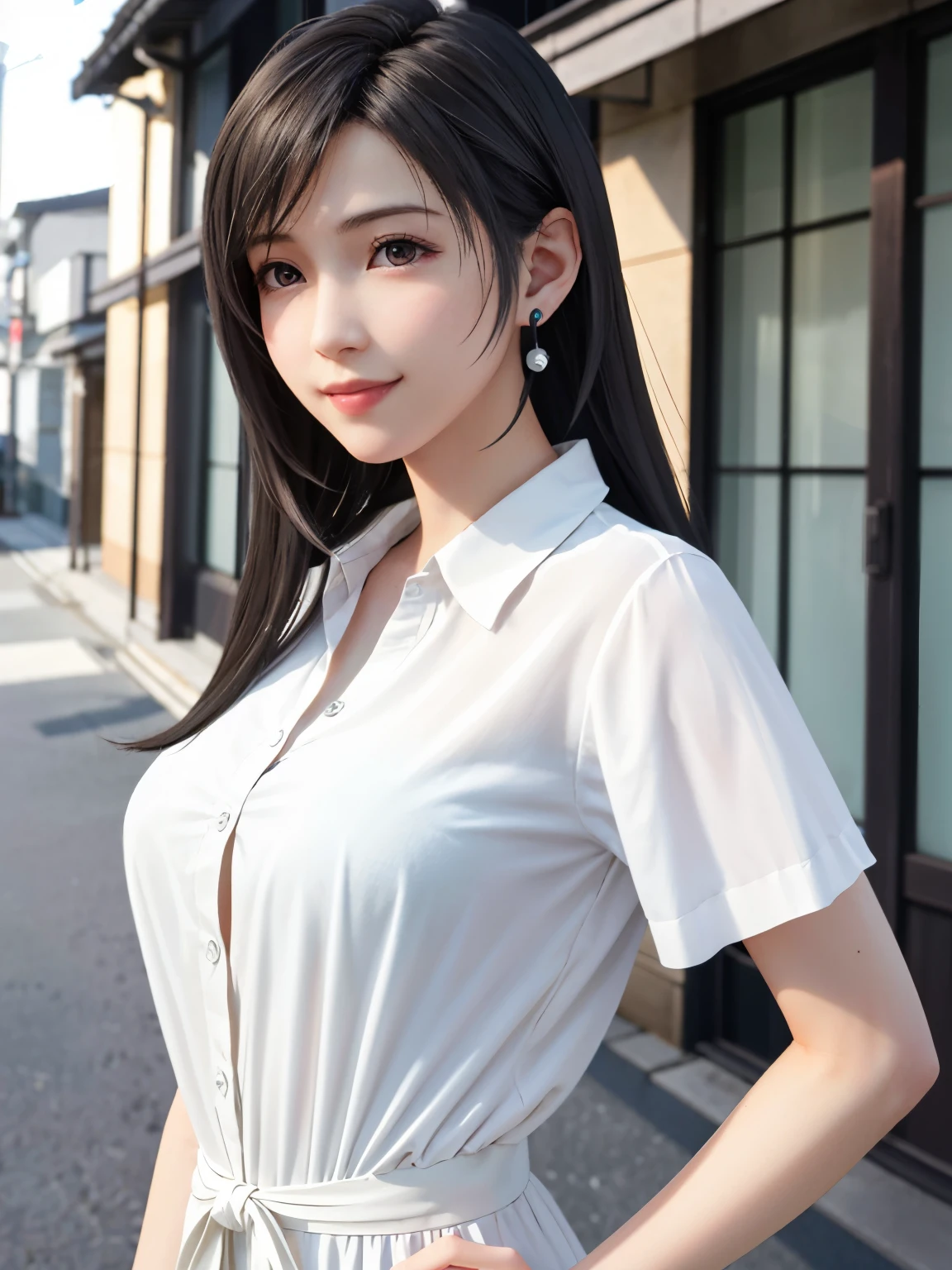 (top quality, masutepiece: 1.1), (Realistic: 1.3), BREAK (((FF7,Tifa_lockhart))),(solo,Tifa:1.2),(japanese ,white large shirt dress, button-down shirt:1.1) ,(tokyo,city, outdoor,behind showroom),(cute pose:1.3),Ultra-detailed face, Detailed eyes,Red eyes, BREAK (((FF7,Tifa_lockhart))),(black brown hair, Large breasts: 1.0), BREAK About 18 years old,kawaii,happy smile:1.1,