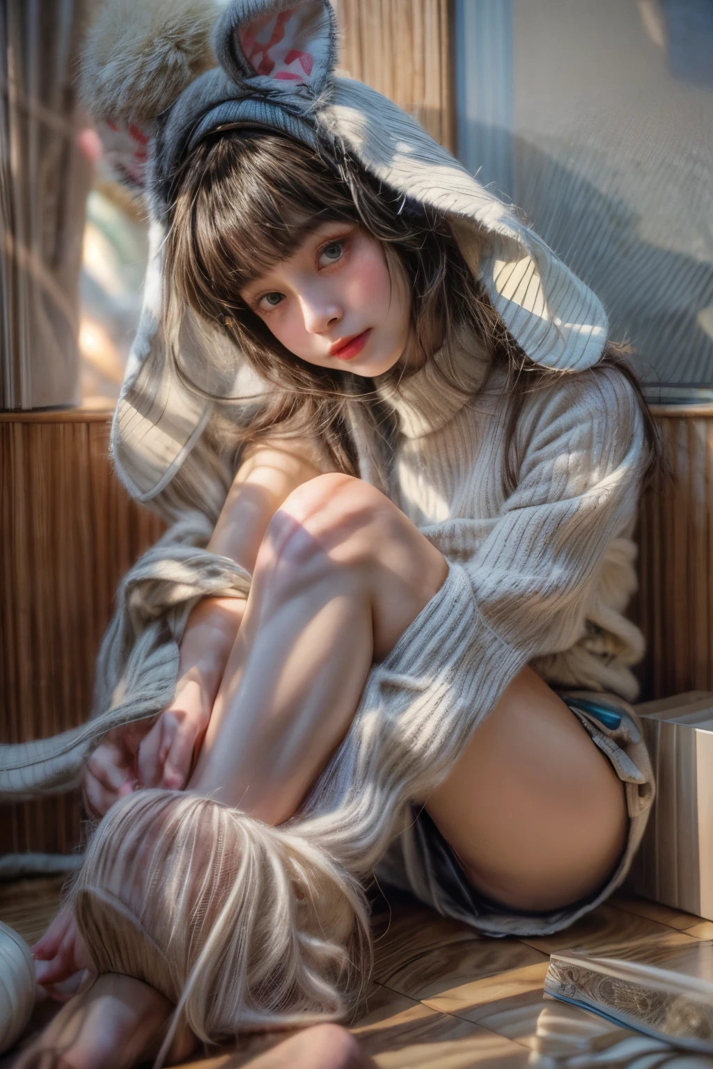 masterpiece、8K、32K、highest quality、(Detailed both eyes)、(cute japanese woman、bangs:1.3)、23 years old、1 girl、elegant、black hair、(retro、film camera:1.4)、(rabbit ear hat:1.2)、(sit、Hold both legs:1.2)、