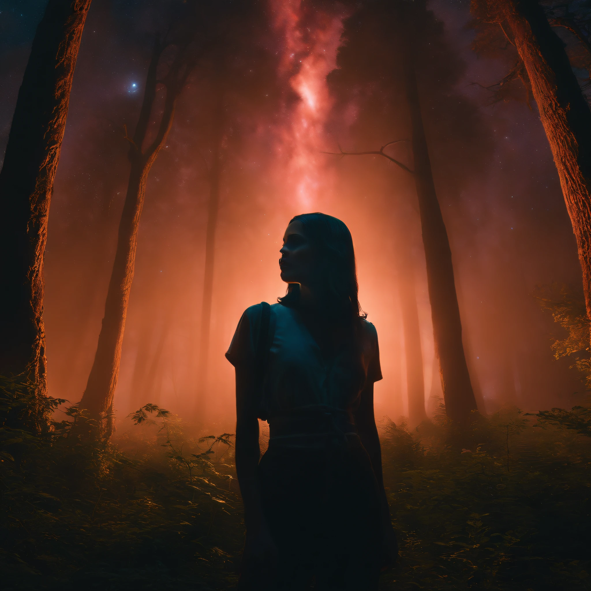 La nuit, A girl stands in the middle of the forest and is kidnapped by a gigantic alien in the sky, Neonlichter, Lens burn (Lens burn), Freak chromatique, 8k resolution, ultra-realistic, Ombrage parfait, sombre, portrait