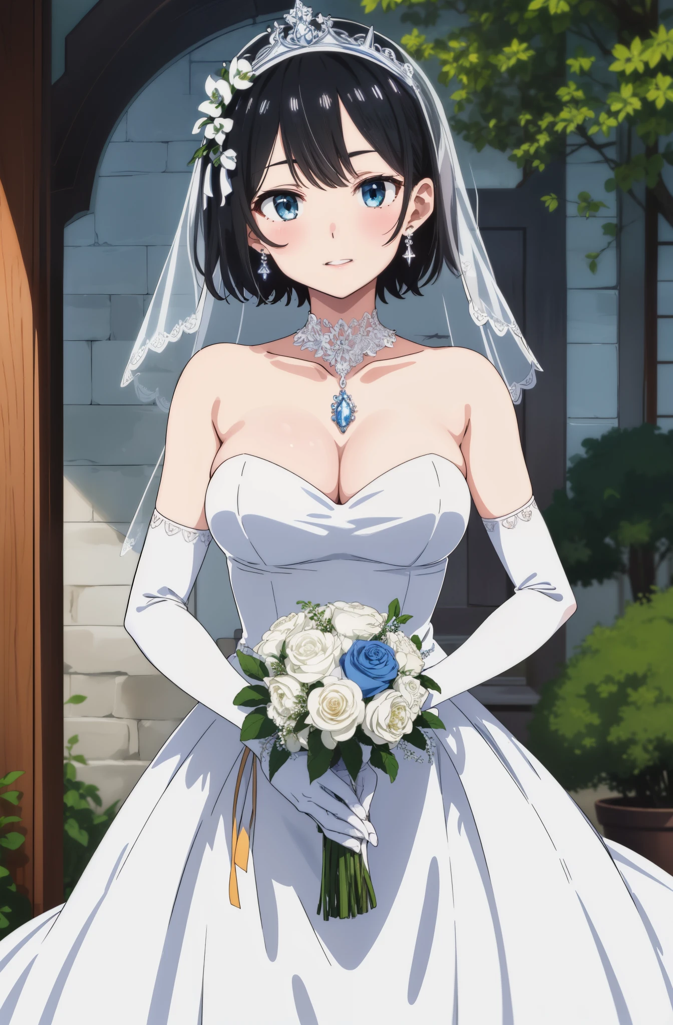 two-dimensional, masterpiece, best quality, Japanese cartoons, Very detailed, 1 girl, alone, cowboy shooting, Ruka, black hair，blue headband, blue bow,  Close-up of beautiful bride in bridal dress,Gurwitz，Blushing face，Head flower，headgear，（tube top wedding dress：1.5），（silk dress：1.2）,（strapless wedding dress：1.5）,pure white dress，necklace，earrings,(large breasts:1.3)，Neck ornaments，Deep V peach heart collar wedding dress，Bangs，Bouquet，lipstick，（White long elbow gloves：1.3），(Bridal veil:1.2），（Transparent short veil：1.2），Bust photo,High detail RAW color art,Tyndall phenomenon,front，Half body