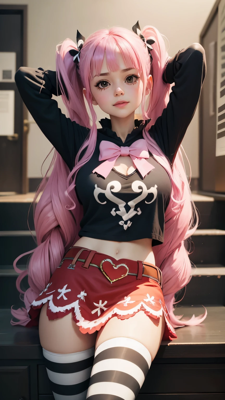 extremely detailed CG unity 8k wallpaper, best quality, ultra-detailed, masterpiece, realistic, photo realistic, blush, parted lips, looking at viewer , half body shot , (Perona One Piece), pink long hair, blushing, embarrassed face, lying, arms behind head, cute face, goth outfit, twintails, stripe legging, skirt, smile at viewer,