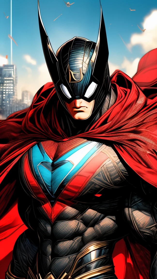 (best quality,4k,highres:1.2),ultra-detailed,realistic,portrait,superhero,comic book style, vibrant colors,strong physique,cape flowing in the wind,flying in mid-air,city skyline in the background,glimmering sunlight,heroic pose, focused gaze,dark hair,square jaw, iconic "S" logo on the chest,futuristic metropolis,buildings reaching the sky,streets filled with busy people, Incredibly detailed outfit with intricate textures,red and blue color scheme,shadows and highlights emphasizing muscularity, intense expression, epitome of strength and power,unstoppable force for justice.