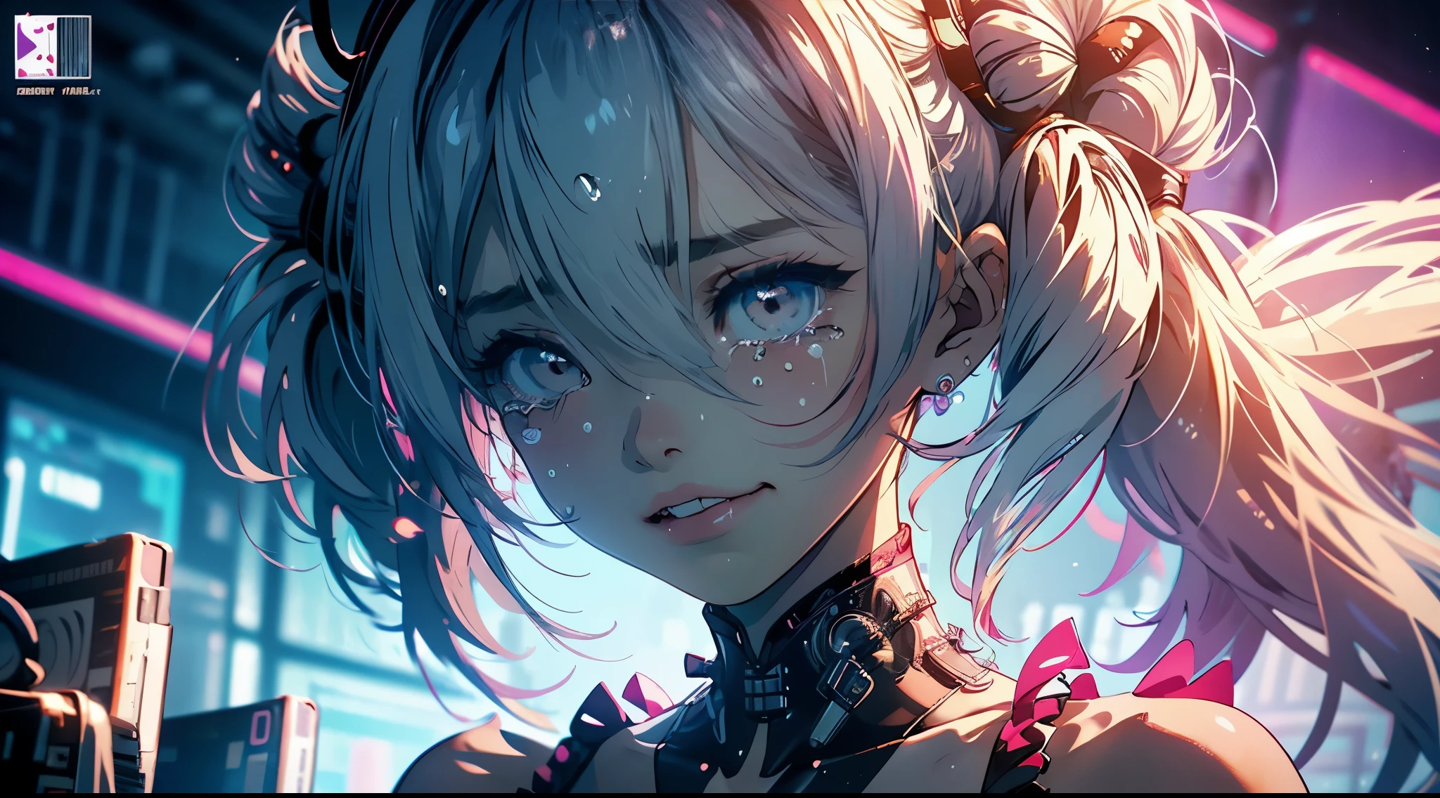 hair bobbles, wince, long eyelashes, solid circle eyes, light smile, ear blush, fang, (white hair), makeup, blush, sad, sad smile, drop shadow, anaglyph, atmospheric perspective, 8k, super detail, accurate, best quality, (cyberpunk), cinematic lighting, masterpiece,1girll, ((((short twintails)))), Colorful hair, flying, pink bows,((16-year-old female model)), (angel halo), ((( wings ))), (magazine cover), ((((text)))), (cover), bold, attention-grabbing, ((title)), stylish, (((font))), panorama, eye level shot, tile from below, title from side, title in middle, ((((magazine cover layout)))), (((lolita dress))), (((wide shot))), (((( color splash ))))