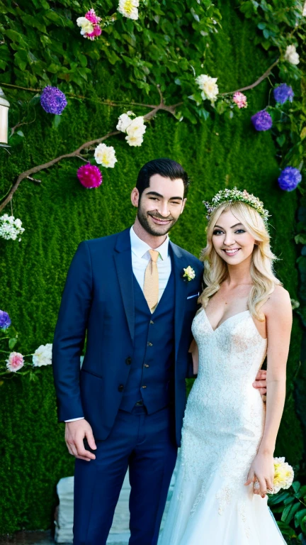 Tom Ellis and Taylor Momsen looking at eachother smiling calmly as they stand behind a fairy forest decorated for a wedding ceremony, as they look into each others eyes smiling. Taylor Momsen is wearing a wedding revelative white dress, with her blonde hair showing with a wedding flower crown. And Tom Ellis is wearing a black suit with a red tie. 