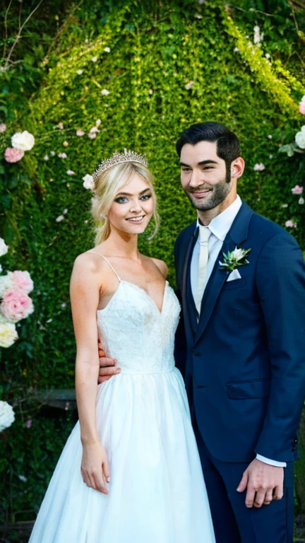 Tom Ellis and Taylor Momsen looking at eachother smiling calmly as they stand behind a fairy forest decorated for a wedding ceremony, as they look into each others eyes smiling. Taylor Momsen is wearing a wedding revelative white dress, with her blonde hair showing with a wedding flower crown. And Tom Ellis is wearing a black suit with a red tie. 