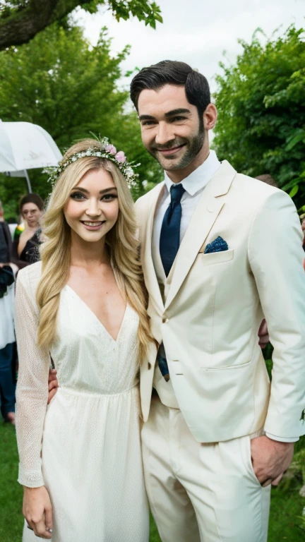 Tom Ellis and Taylor Momsen looking at eachother smiling calmly as they stand behind a fairy forest decorated for a wedding ceremony, as they look into each others eyes smiling. Taylor Momsen is wearing a wedding revelative white dress, with her blonde hair showing with a wedding flower crown. And Tom Ellis is wearing a black suit with a red tie. 