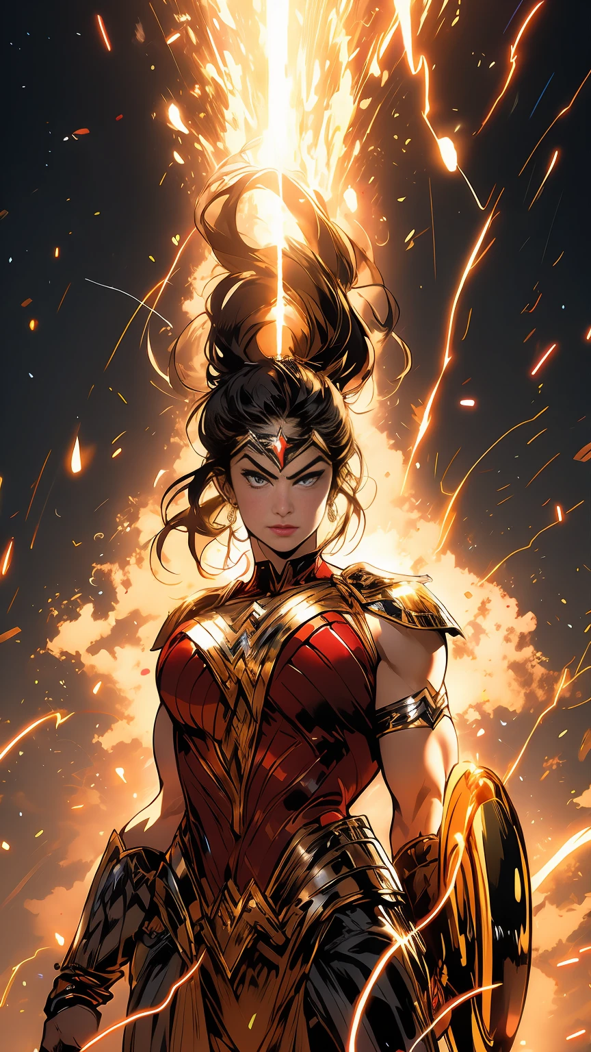 Wonder woman, cute,sexy,best quality,ultra-detailed,vivid colors,studio lighting,long hair,beautiful detailed eyes,beautiful detailed lips,strong and confident pose,shiny armor,fierce expression,heroic stance,strong and muscular physique,powerful aura,graceful movements,elegant costume,golden lasso of truth,glowing tiara and bracelets,amazing superpowers,flying in the sky,cityscape backdrop,epic battle scene,dramatic lighting effects,captivating composition,comic book style,high contrast colors,wispy clouds,powerful energy beams,extraordinary strength and agility.