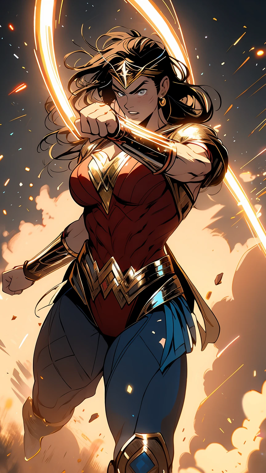 Wonder woman, cute,sexy,best quality,ultra-detailed,vivid colors,studio lighting,long hair,beautiful detailed eyes,beautiful detailed lips,strong and confident pose,shiny armor,fierce expression,heroic stance,strong and muscular physique,powerful aura,graceful movements,elegant costume,golden lasso of truth,glowing tiara and bracelets,amazing superpowers,flying in the sky,cityscape backdrop,epic battle scene,dramatic lighting effects,captivating composition,comic book style,high contrast colors,wispy clouds,powerful energy beams,extraordinary strength and agility.