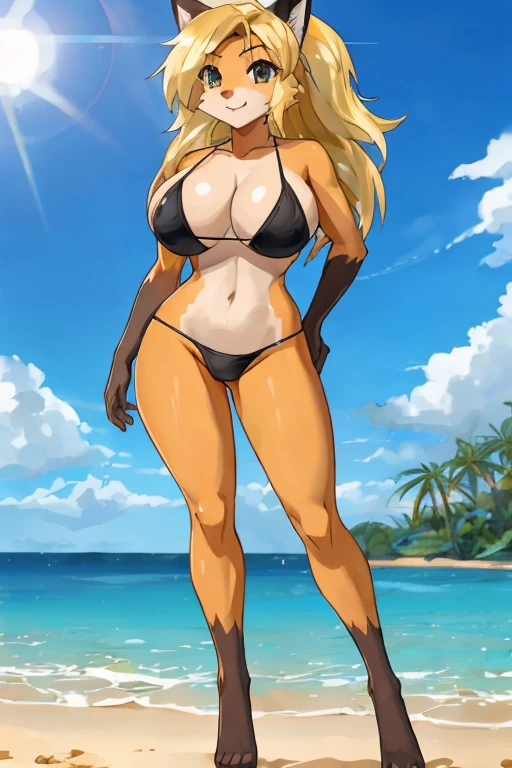 fox, anthropomorphic, big boobs, big ass, pokemorph, (((1girl))), (((black bikini top))), (black bikini bottoms), full body, cute and sexy, blonde fur, long legs, butt showing, wedgie