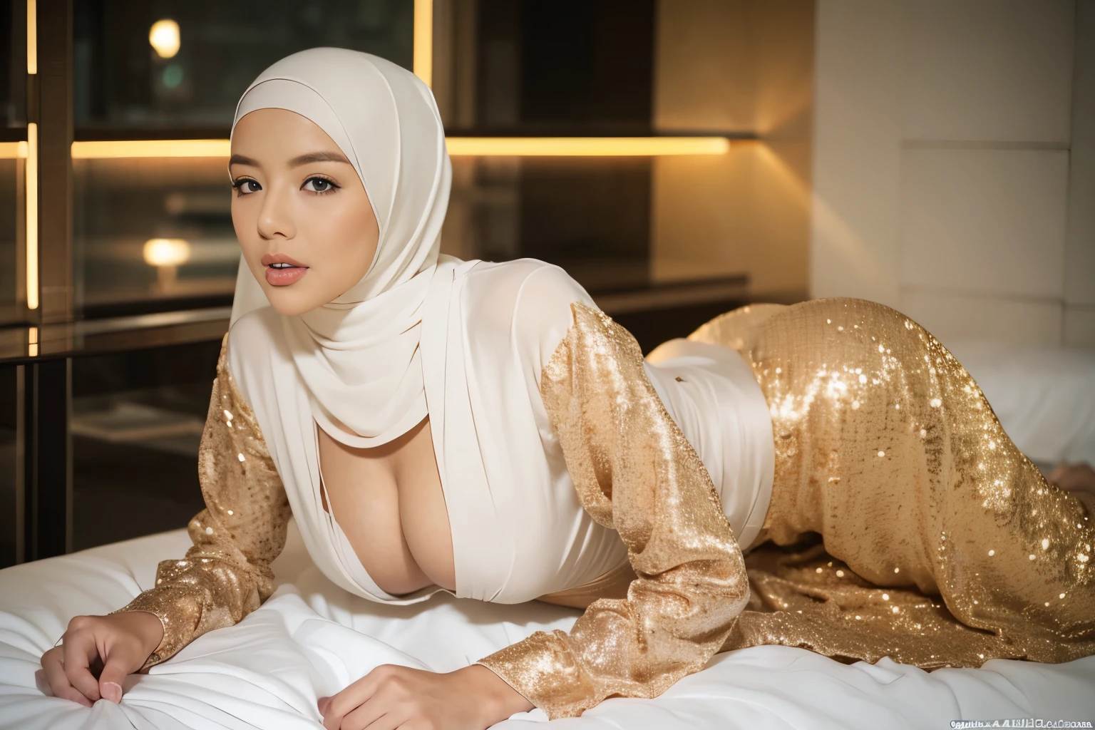 (masterpiece, ,(solo:1.1), perfect face, (bright lighting:1.2),beautiful detailed eyes, extremely detailed face, attractive seductive face expression, perfect lighting,masterpiece, best quality, ((mature female)), busty white skin hijabis milf,seductive pose,sexy pose,laying on bed,doggystyle position(bends over,crouches on all fours), frontdoggy, perfect body shape,buxom chest,slim waist,wearing tight clothes,full body view